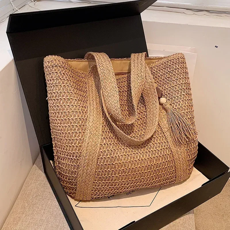 sac à main élégant en paille tressée pour femme, sac fourre-tout rétro à poignée supérieure, sac à bandoulière décontracté pour la plage, les vacances et les trajets quotidiens