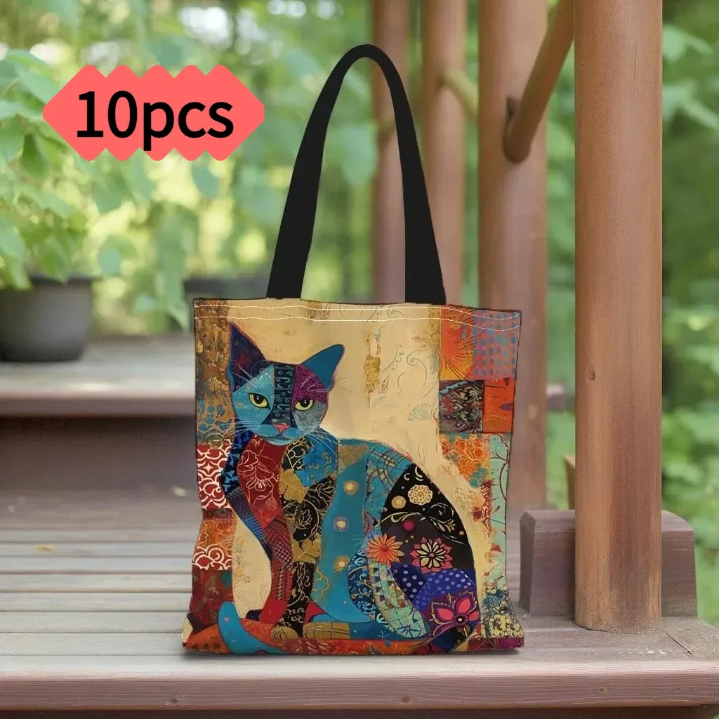 1/5/10 pièces sac fourre-tout à motif floral de chat, sac à bandoulière esthétique en toile pour l'école, sac de courses léger