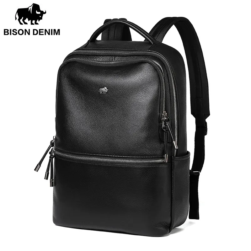 sac dos cuir vache texture rugueuse motif bison noir bandoulière arquée grande ouverture fermeture éclair usage voyage école travail
