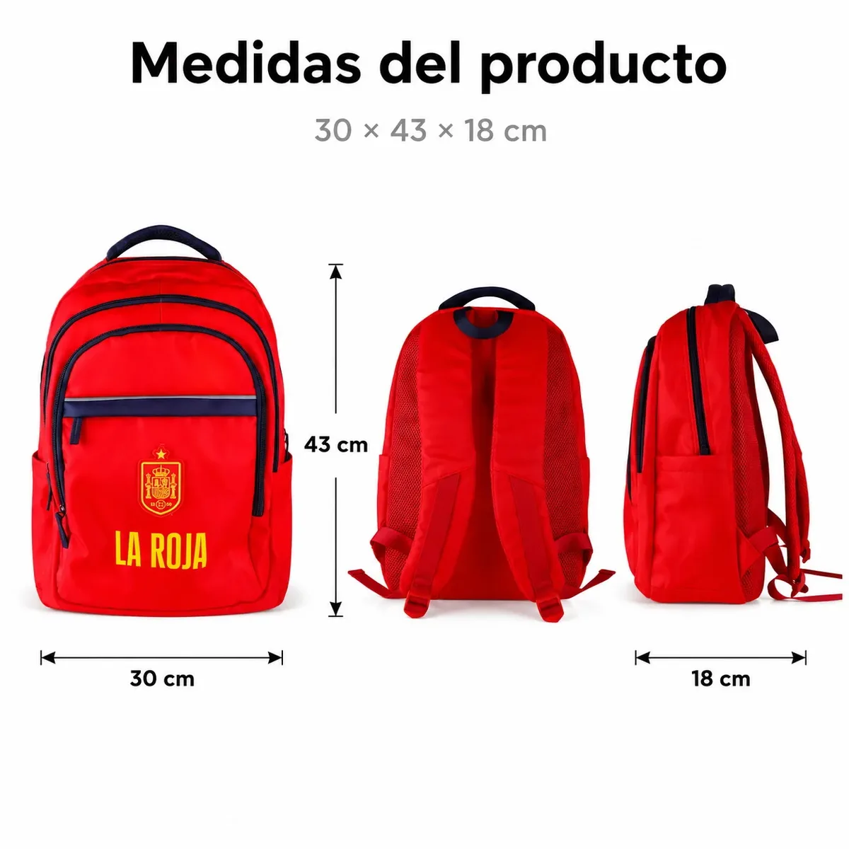 sac à dos scolaire la roja de l'équipe nationale de football espagnole "la roja", produit officiel sous licence. sac à dos de football de l'équipe nationale 43x30x18cm rouge et bleu marine avec compartiments.