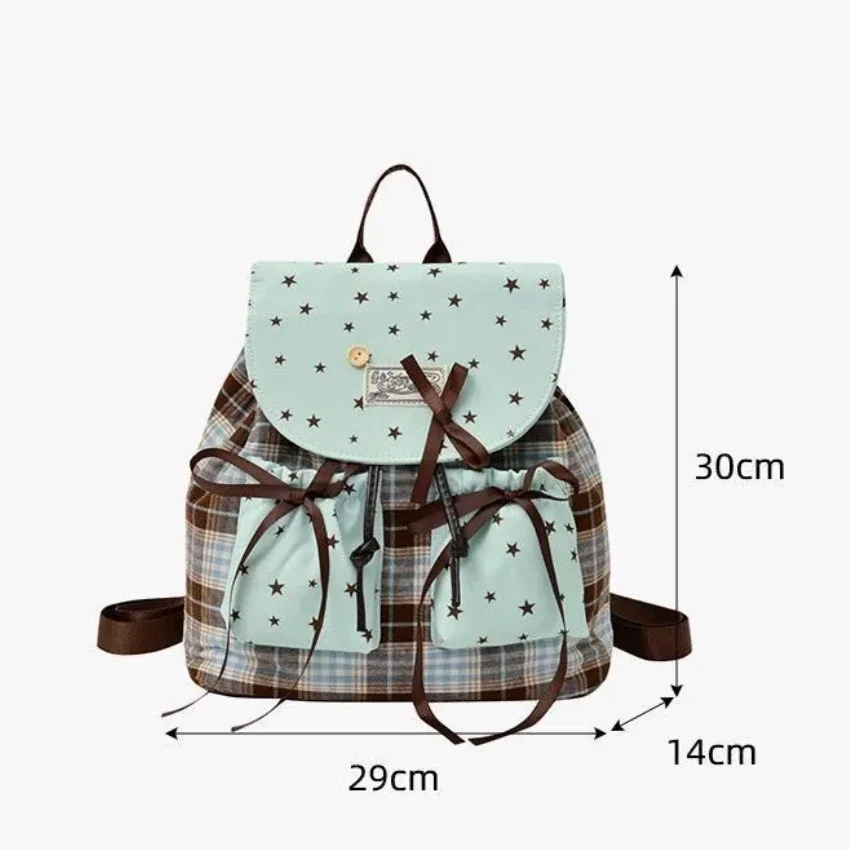 sac à dos coréen à carreaux et imprimé étoiles pour femmes, sac d'école à cordon avec nœud, esthétique y2k, sac de voyage décontracté pour adolescentes