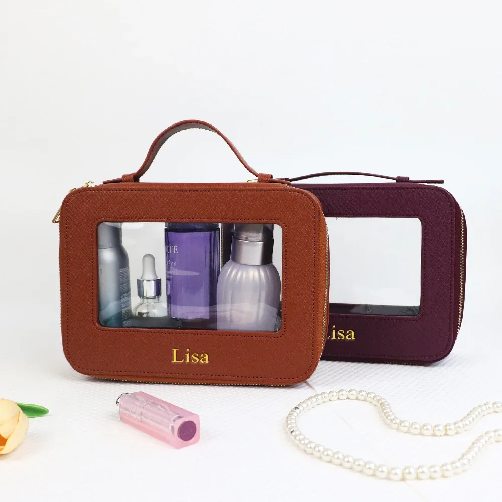 pochette à maquillage personnalisée en cuir, sac de rangement pour pinceaux de maquillage imperméable, sac de rangement portable en pvc pour soins de la peau, trousse de toilette