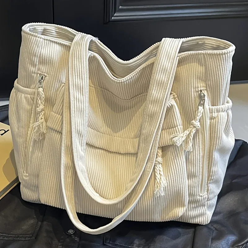 sac fourre-tout en velours côtelé grande capacité pour femme, sac à main multi-compartiments robuste, sac à bandoulière avec sangle fixe et fermeture éclair