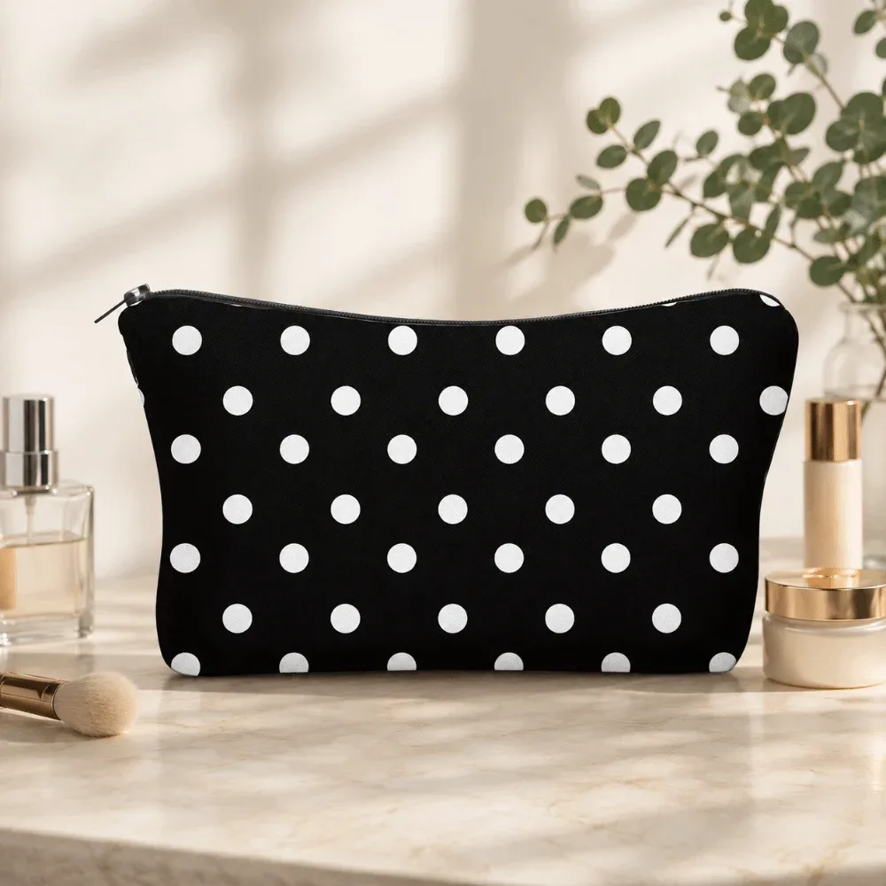 pochette de maquillage chic à pois en polyester, trousse de toilette portable avec fermeture éclair