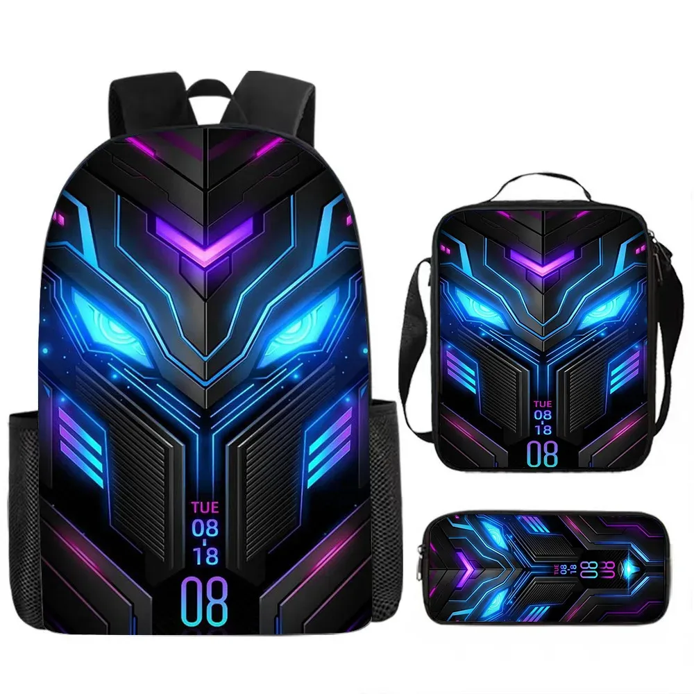 sacs d'école de luxe originaux et cool de style mécanique, imprimés en 3d, lot de 3 pièces : sac à dos pour ordinateur portable, sac à déjeuner et trousse à crayons