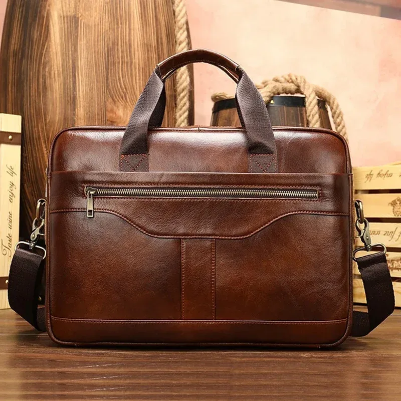 sac pour ordinateur portable en cuir véritable pour homme, sac d'affaires, étuis à bombes pour homme, fourre-tout de travail avec sangle, sac de messager pour homme, marque de luxe, 14 pouces