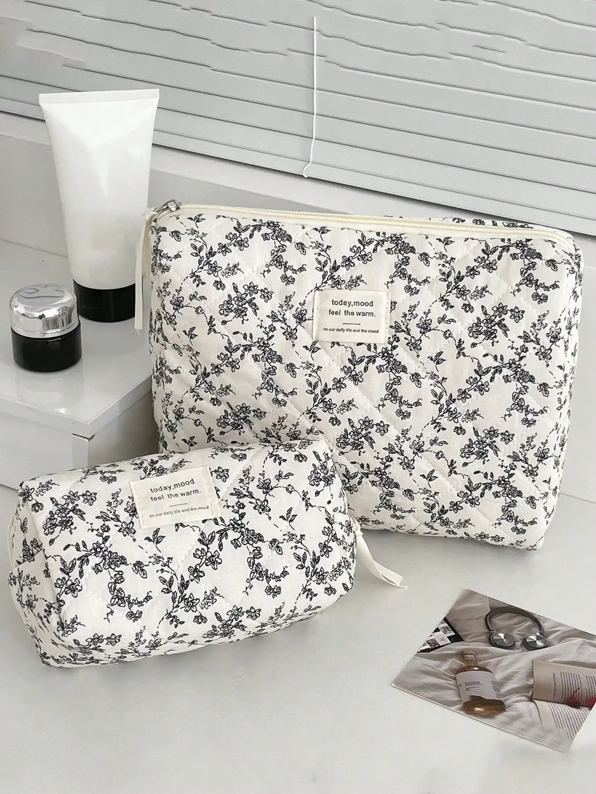 trousse polyester motif floral noir matelassée voyage grande capacité cosmétiques maquillage toile transport s m xl