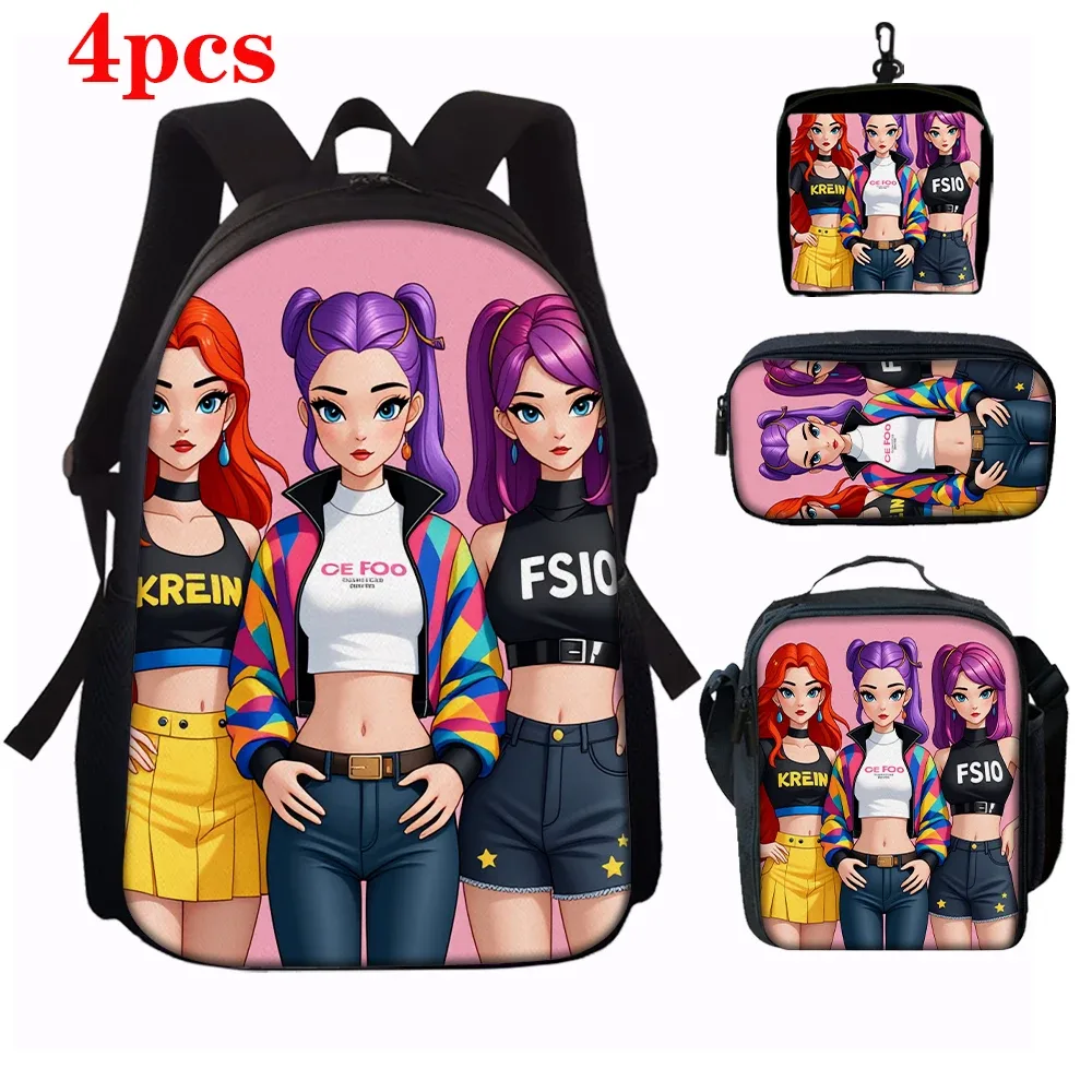 sac dos polyester dessin animes personnages stylisés fonds rose noirs accents couleurs vivantes transport journalier