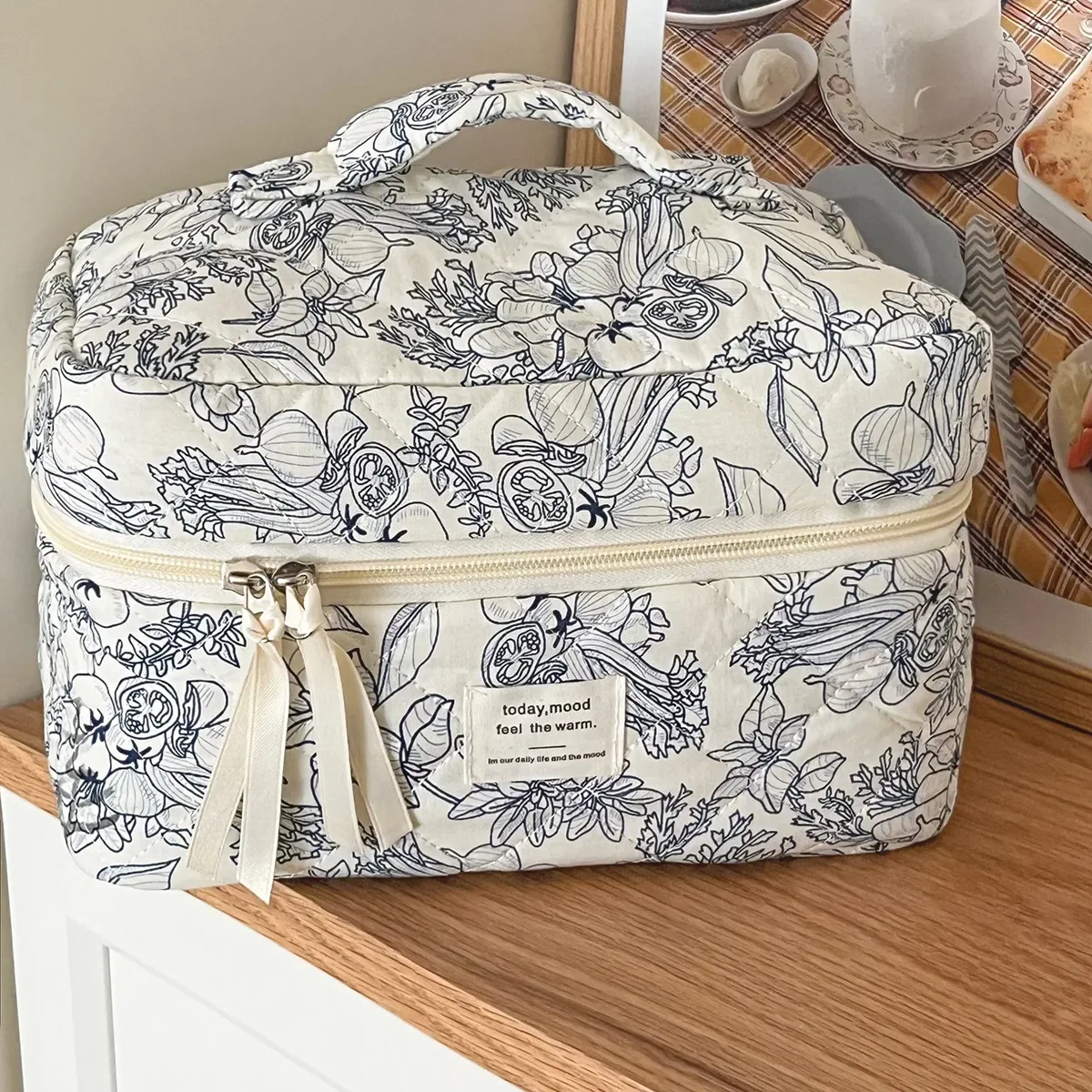 sac à cosmétiques à fermeture éclair pour femmes, organisateur de fleurs, sac de maquillage en coton matelassé, sac à main en tissu, trousse de toilette portable, voyage pour filles