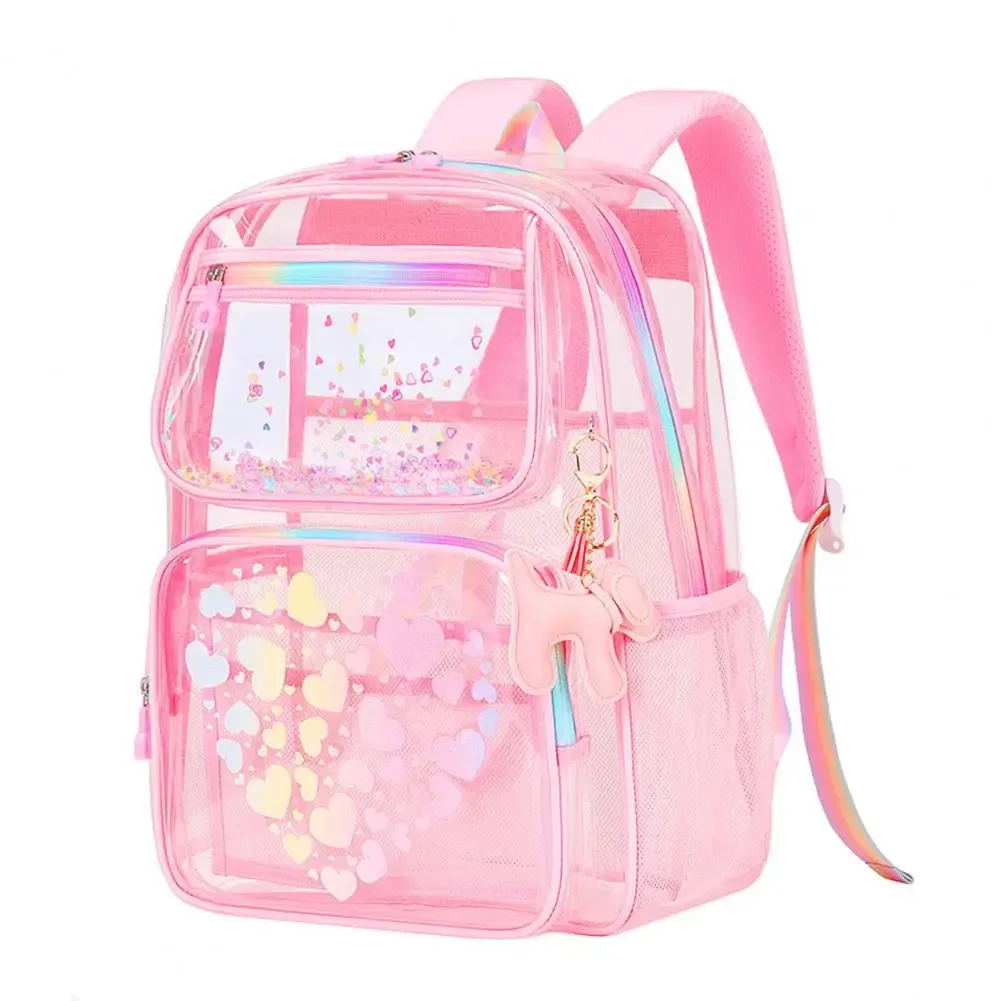 sac à dos transparent pour l'école, sac à dos imperméable avec imprimés en forme de cœur, compartiment principal, poches avant à fermeture éclair pour garçons et filles