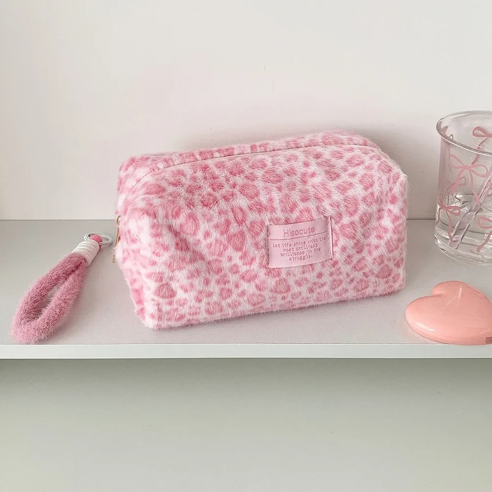 sac de voyage portable en peluche mignon, rose, imprimé léopard, pour écolière, grande trousse de maquillage, sac fourre-tout cosmétique pour femmes