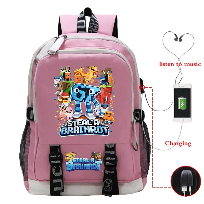 sac à dos steal a brainrot avec chargement usb, sac à dos pour étudiants, sacs d'école imprimés 67 six seven, sac à dos de voyage pour adolescents, sac à dos pour hommes