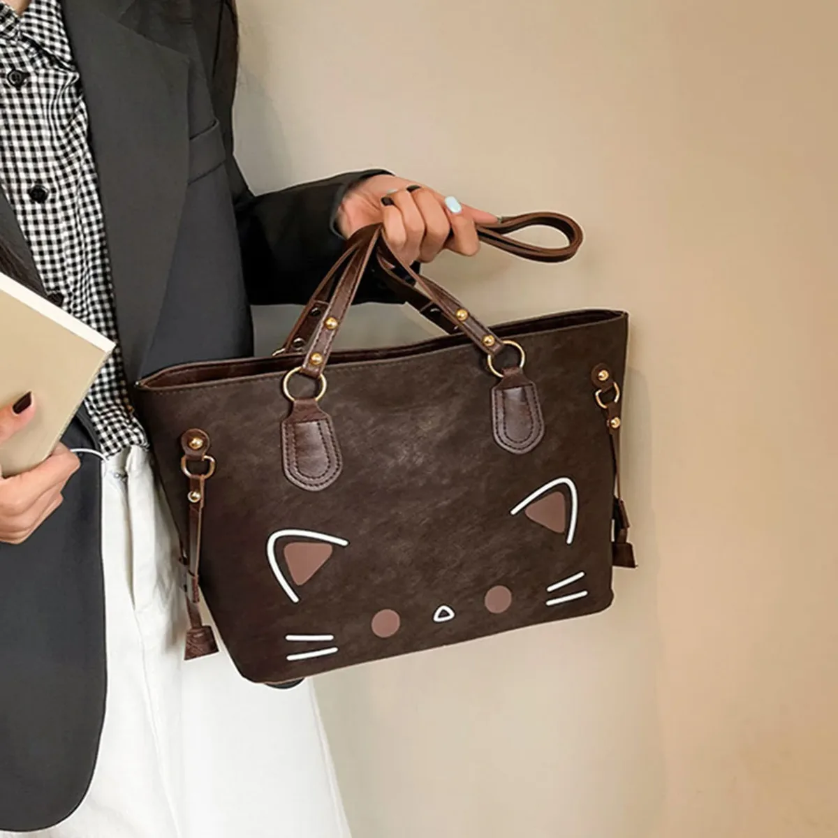 sacs bandoulière pour femmes, fermeture éclair, imprimé chat cartoon, grande capacité, sacs cosmétiques pour femmes