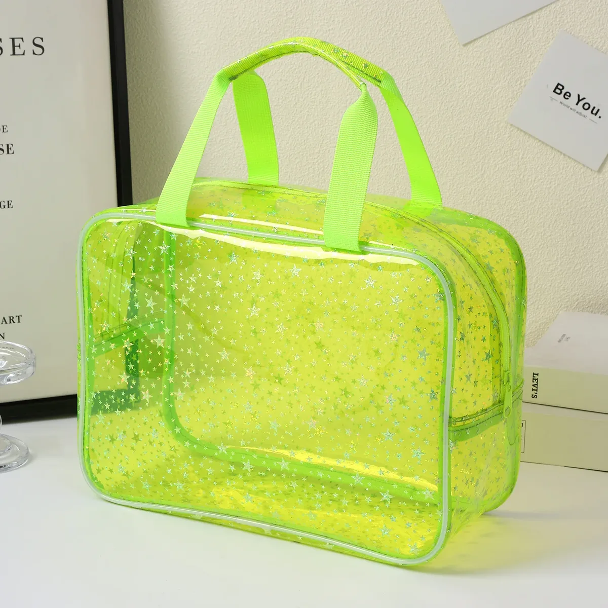 trousse de maquillage transparente grandes étoiles, avec sangle portable, trousse de toilette étanche en pvc, sac organisé pour cosmétiques, sac de voyage transparent