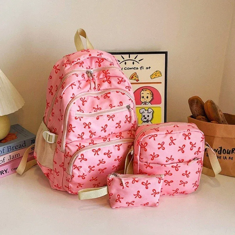 sac à dos tendance coréen pour femmes, imprimé nœud, léger, simple, pour étudiants, sac d'école, sangle réglable, sac à dos de voyage, 3 pièces/ensemble