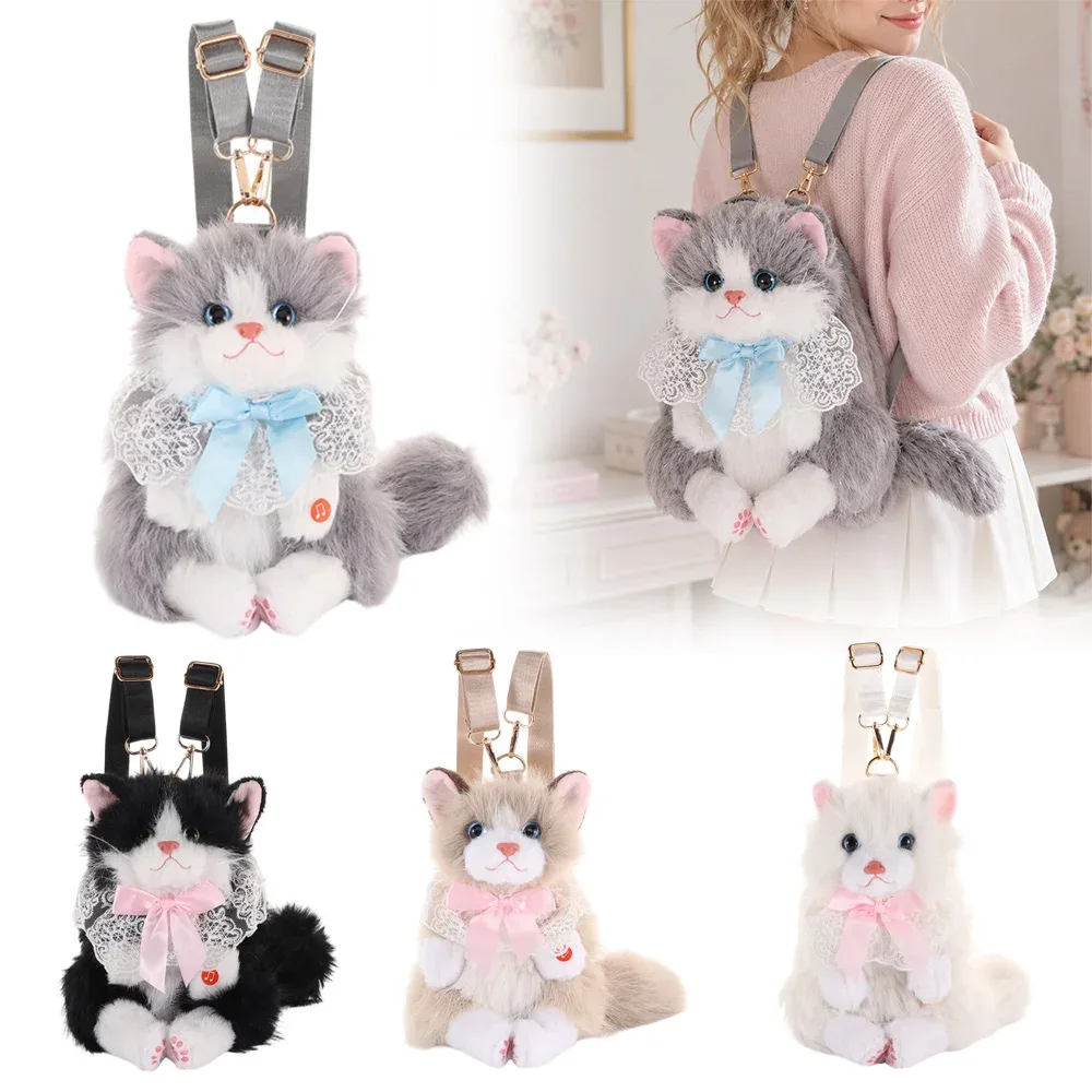 Nouveau sac à dos chat réaliste en forme de poupée, doux, moelleux, mignon, sac à dos de dessin animé, sac à bandoulière, cadeaux