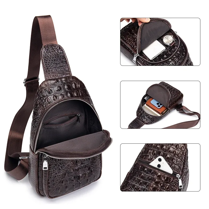 sac de poitrine vintage en cuir véritable schlatum pour homme, motif crocodile, sac de voyage de luxe pour homme, sac bandoulière multifonction