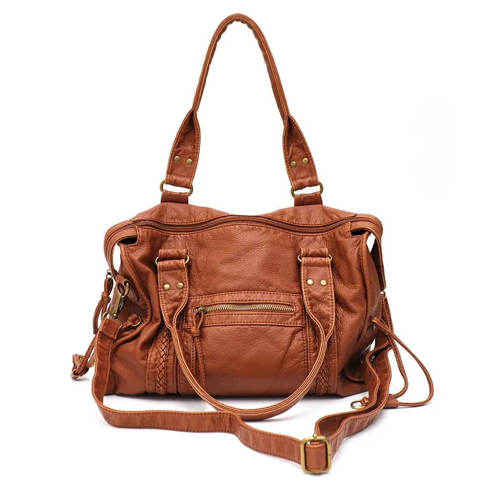 vintage lavé en cuir pu grande capacité fourre-tout poches zippées tresse décor épaule sac à bandoulière unisexe femmes voyage quotidien sac à main