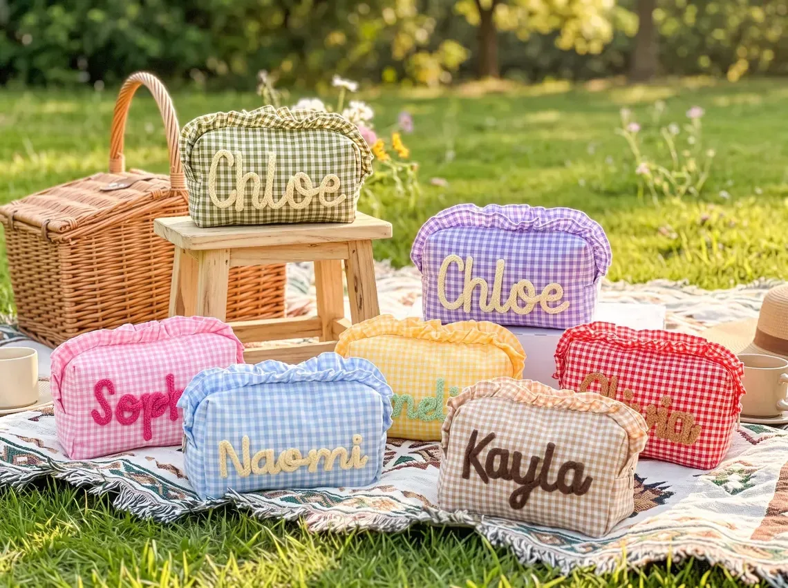 pochette de maquillage personnalisée à volants en gingham, trousse de toilette avec nom personnalisé, cadeau pour les demoiselles d'honneur