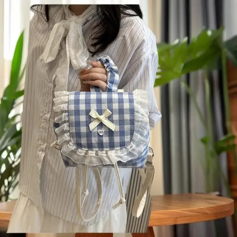 sac à nœud de grande capacité, sac à dos fonctionnel en toile à carreaux en dentelle de style coréen pour les voyages et les livres