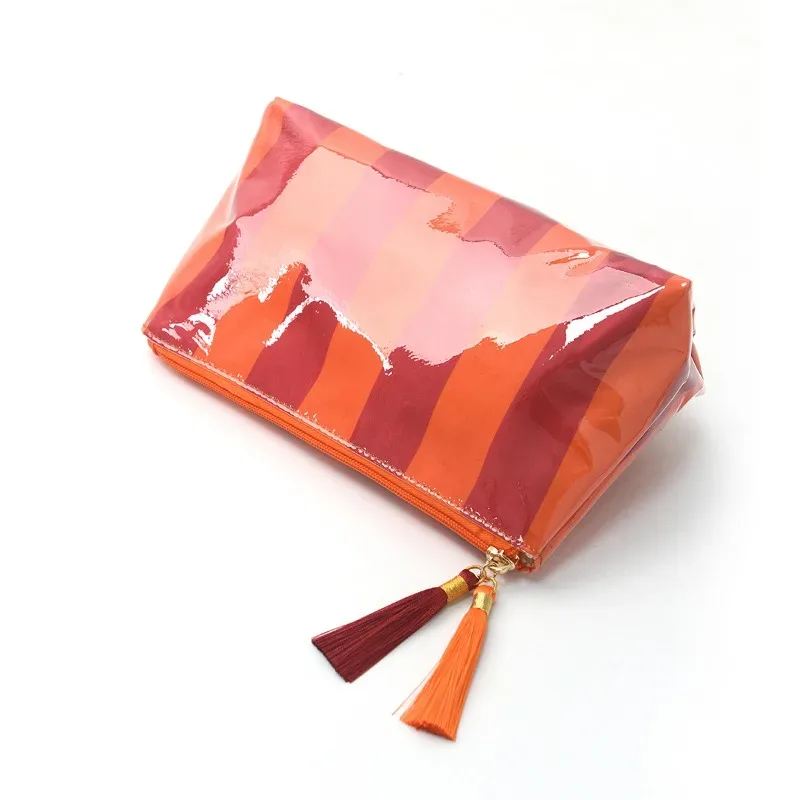 trousse de maquillage rayée en pvc avec franges et fermeture éclair, trousse de toilette de voyage imperméable, étui pour pinceaux de maquillage, pochette косметичка