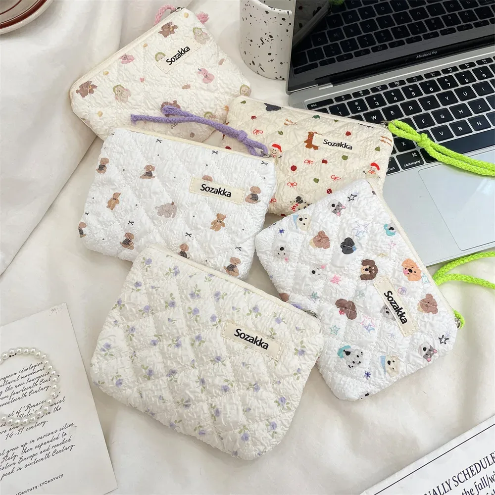 sac de maquillage imprimé en toile pour femmes, mignon, portable, style coréen, petits sacs à cosmétiques, étui de rangement de voyage, trousse de toilette