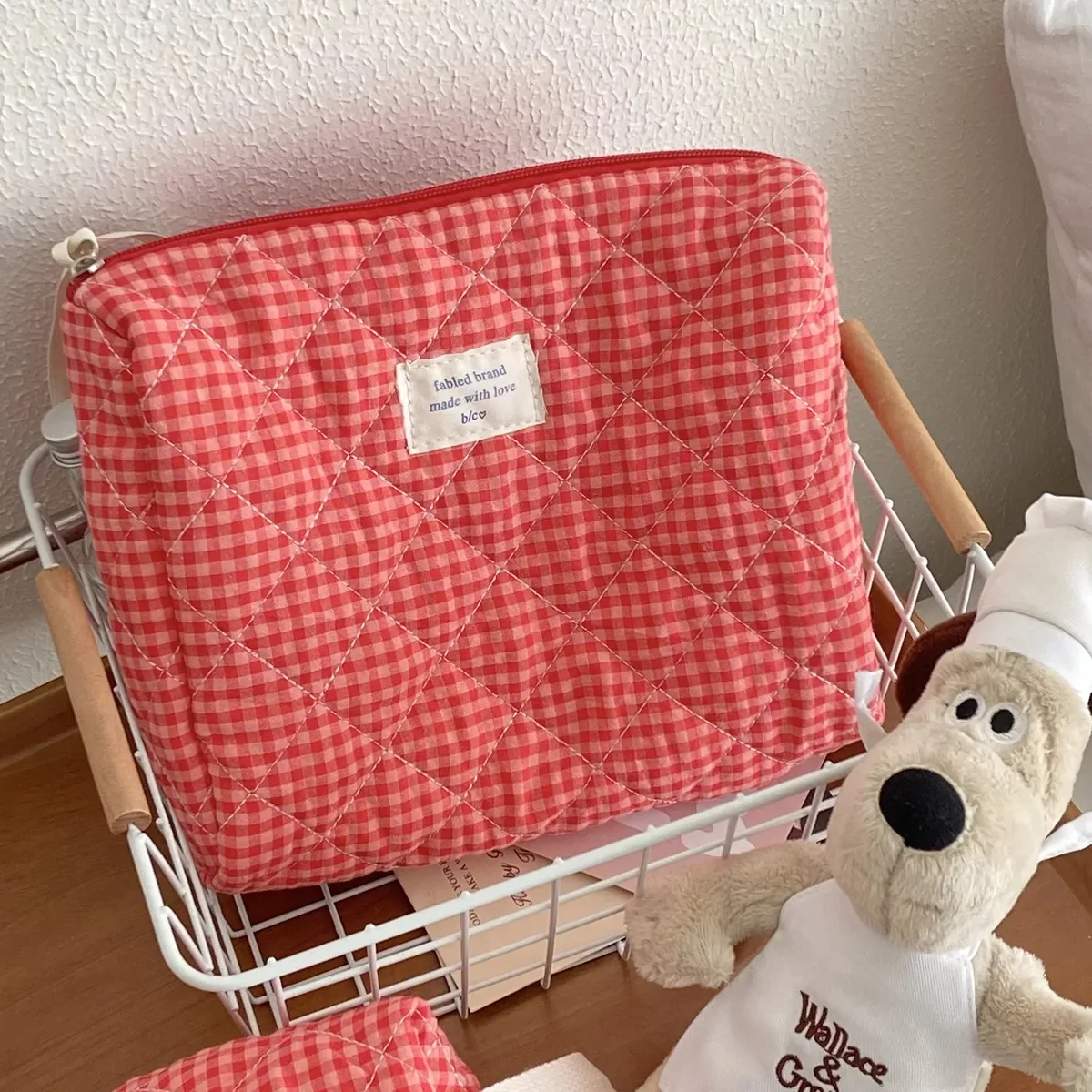 trousse de maquillage à carreaux, sac à cosmétiques portable de grande capacité pour femmes et filles, trousse de toilette de soins de la peau, pochette portefeuille multifonctionnelle mignonne