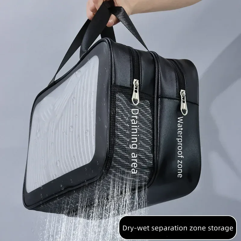 sac de maquillage double transparent en pu avec séparation sec-humide, sac de lavage portable, sac de rangement pour cosmétiques, essentiels de voyage, fitness et natation.