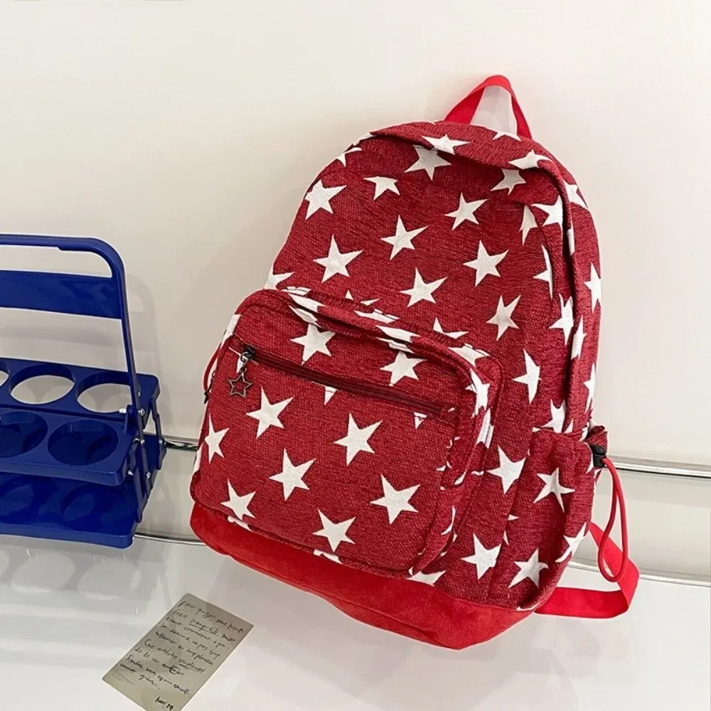 sac à dos à rayures grises de style coréen, multi-poches, bretelles réglables, impression d'étoiles, léger pour les déplacements