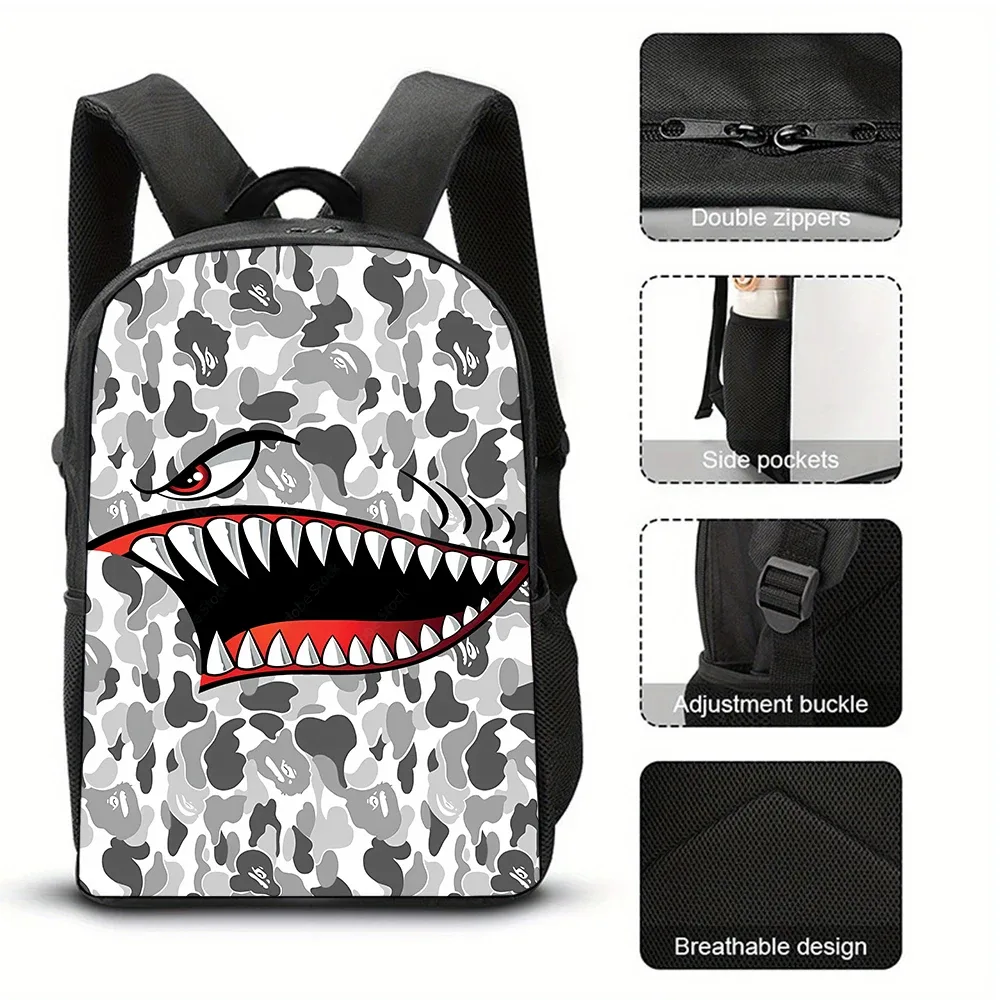 sac à dos tendance avec motif requin, imprimé graffiti et dessin animé, léger et décontracté pour étudiants et voyages