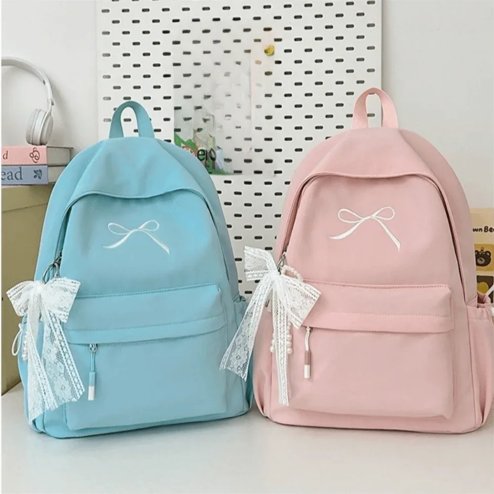 sac à dos portable pour filles avec nœud brodé, couleur unie, grande capacité, sac d'école pour étudiants, sac à dos de voyage léger en nylon