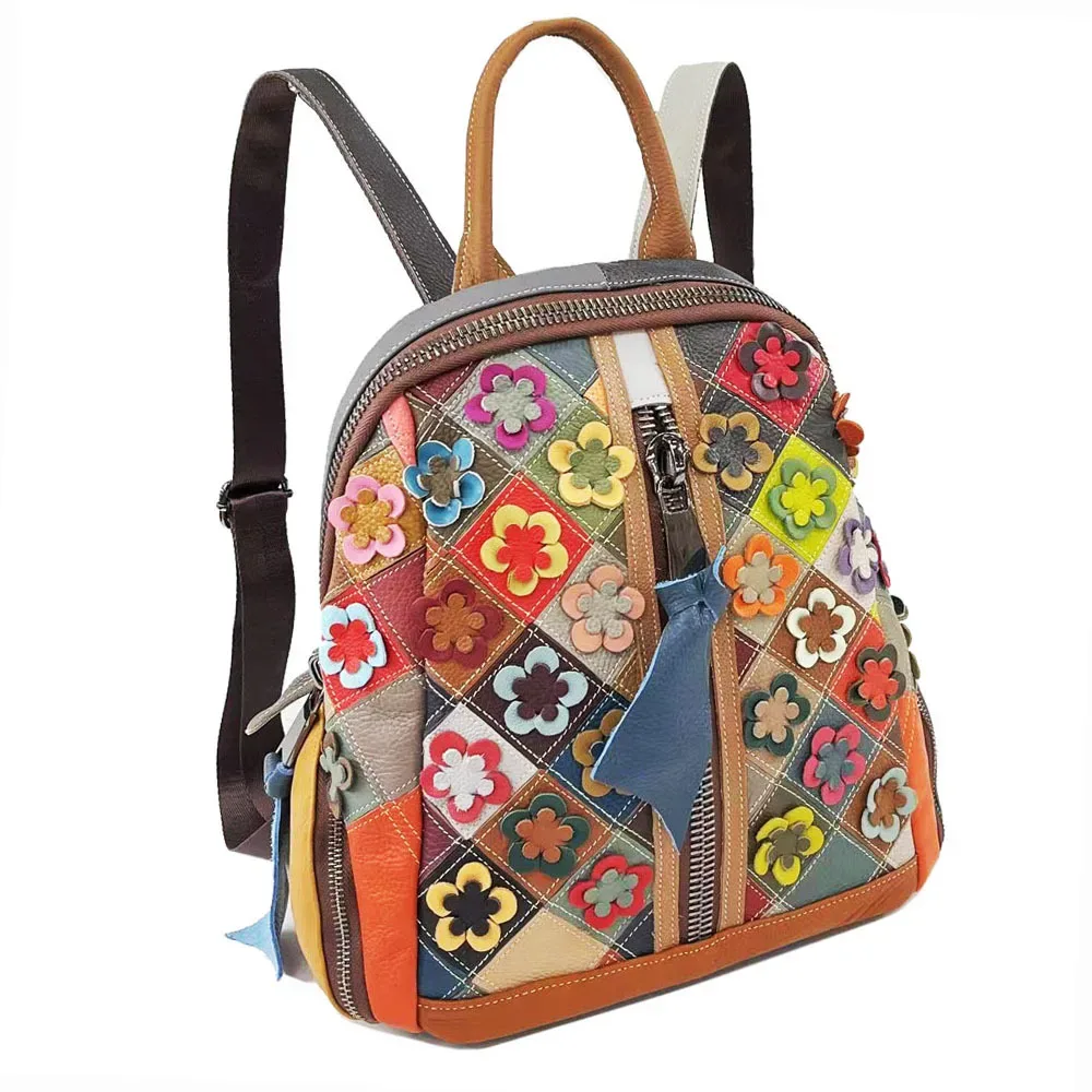 sac à dos en cuir véritable pour femme, motif floral, cartable de voyage pour dames, nouvelle collection 2025