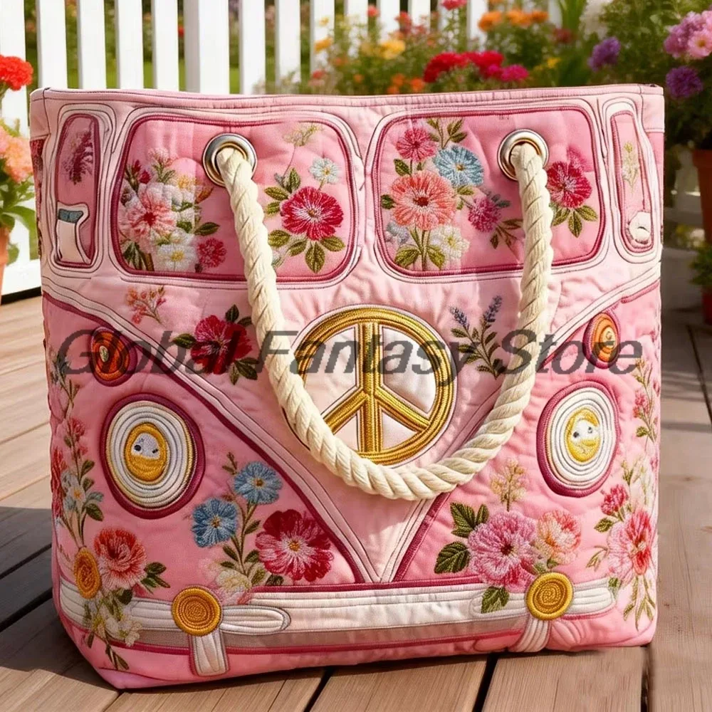 sac de plage matelassé style hippie vintage, sac à bandoulière bohème avec imprimé floral et signe de la paix, sac à main quotidien pour hommes et femmes, sac de shopping