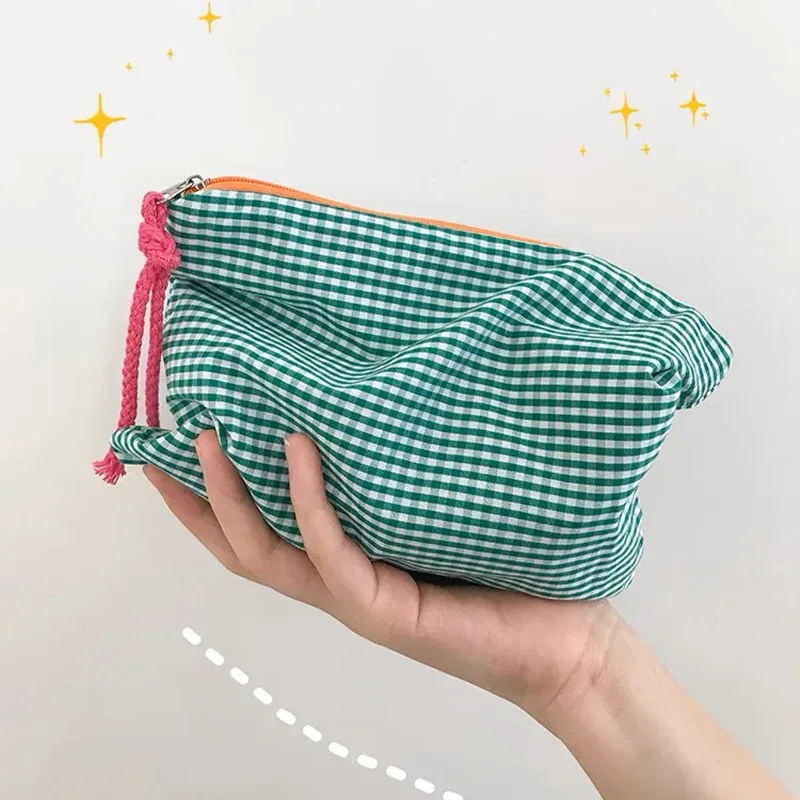 sac de maquillage à carreaux avec fermeture éclair, pochette de rangement en coton, sac à cosmétiques de grande capacité, sac de rangement portable pour femmes, sac à main simple