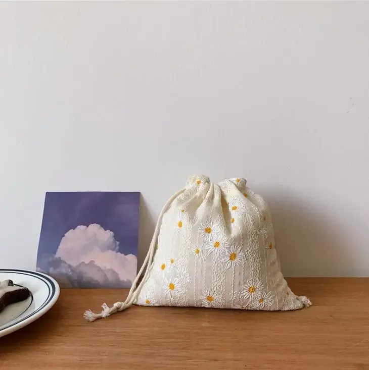 pochette de rangement en tissu de coton en treillis, pochette de rangement à cordon de serrage floral, emballage porte-monnaie, rouge à lèvres, organisateur de bijoux, sac cadeau de noël