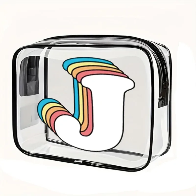 organisateur voyage cosmétiques pvc translucide poignée noire motif arcs-en-ciel lettre grande capacité format tonneau sac compression