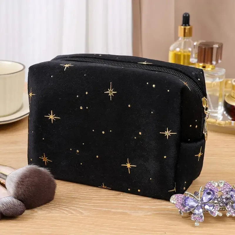 pochette à cosmétiques spacieuse en velours, sac de toilette de voyage avec motif étoile, trousse de maquillage portable pour rouge à lèvres