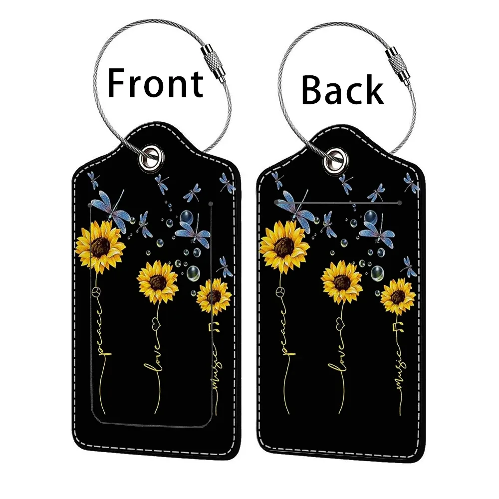 étiquette bagage polyuréthane motif tournesols bleu nuit jaune voyage identification personnelle plaques adresses double cartes bancaires