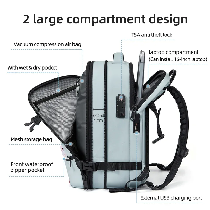 sac à dos de voyage décontracté 16 pouces, sac à dos pour ordinateur portable à compression sous vide, sac à dos scolaire avec port de charge usb, sac à dos de randonnée et d'affaires extensible