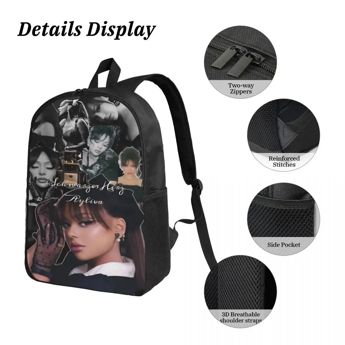 sac dos polyester oxford université dessin animé noir impression visages féminins poches latérales usage écolier voyager