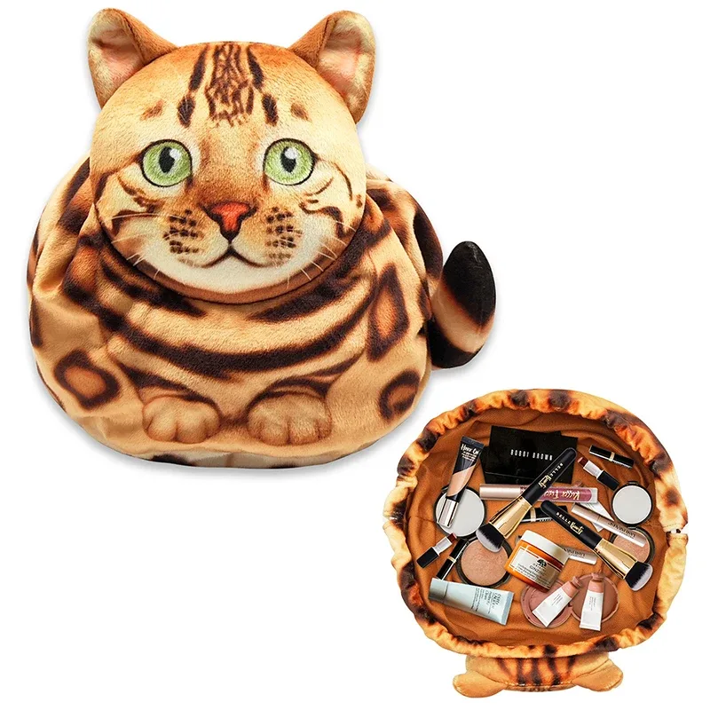 trousse de maquillage chat mignon, fermeture à cordon, conception tête de chat 3d, pochette cosmétique plate, cadeau pour femmes amoureux des chats, sac organisateur de voyage