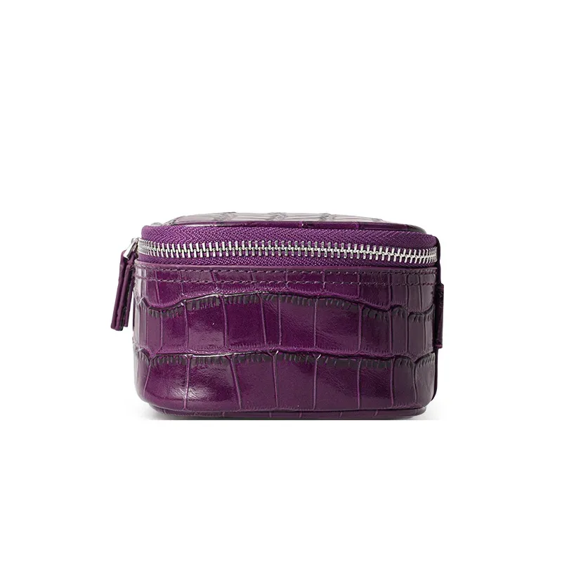 sac cosmétique en cuir véritable à motif crocodile violet pour femmes, sac de toilette de voyage portable, sac de rangement en cuir de vachette de haute qualité