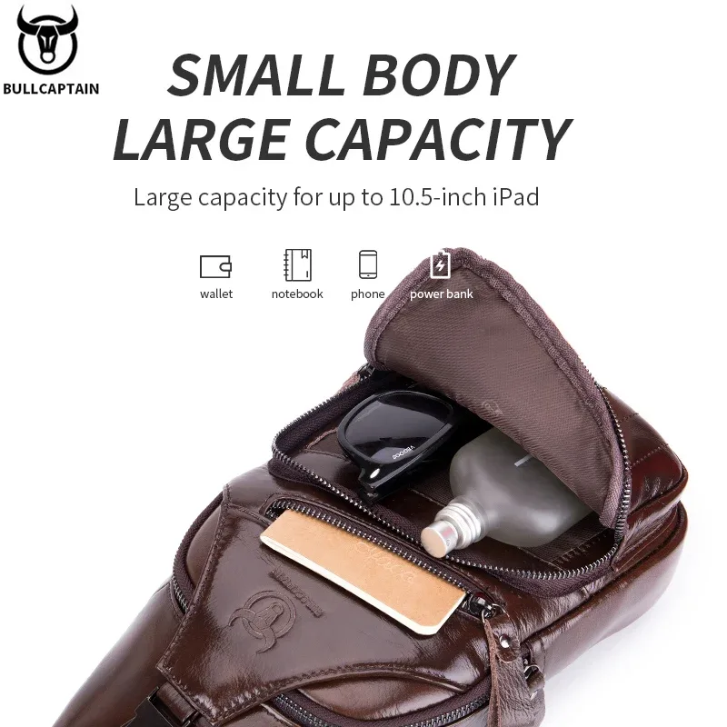 bullcaptain sac en cuir véritable sac de poitrine hommes mode style décontracté sac à bandoulière affaires grande capacité en cuir bagages pour hommes