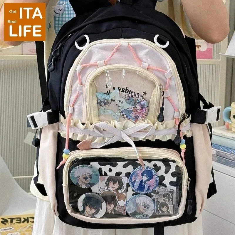 sac à dos ita transparent italife dopamine kawaii anmie pour femmes, avec présentoir pour épingles et badges, grand sac ita mignon en forme de cœur avec nœuds, style lolita h259