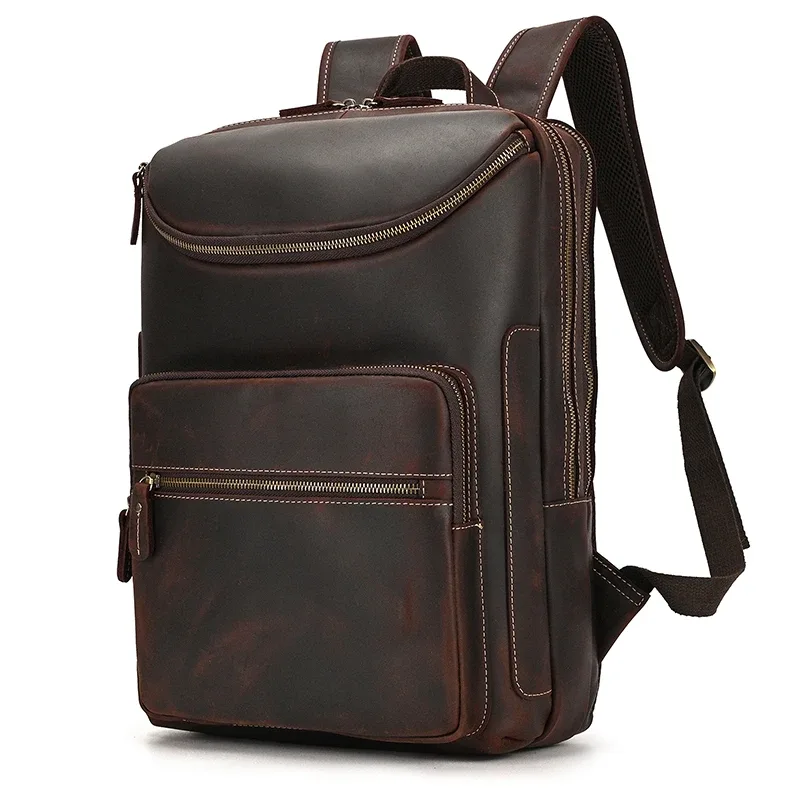 sac dos cuir vache marron cuir véritable poche intérieure zippée bandes support ajustables style décontracté capacité 20 35 litres