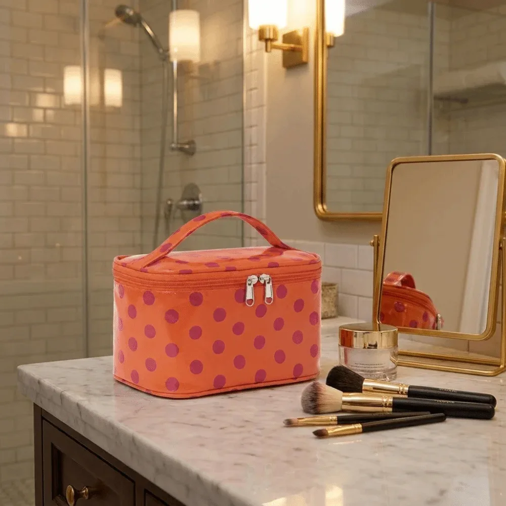 sac de maquillage en pvc à pois, sac cosmétique imperméable en pvc, grande capacité avec poignée, organisateur de maquillage.