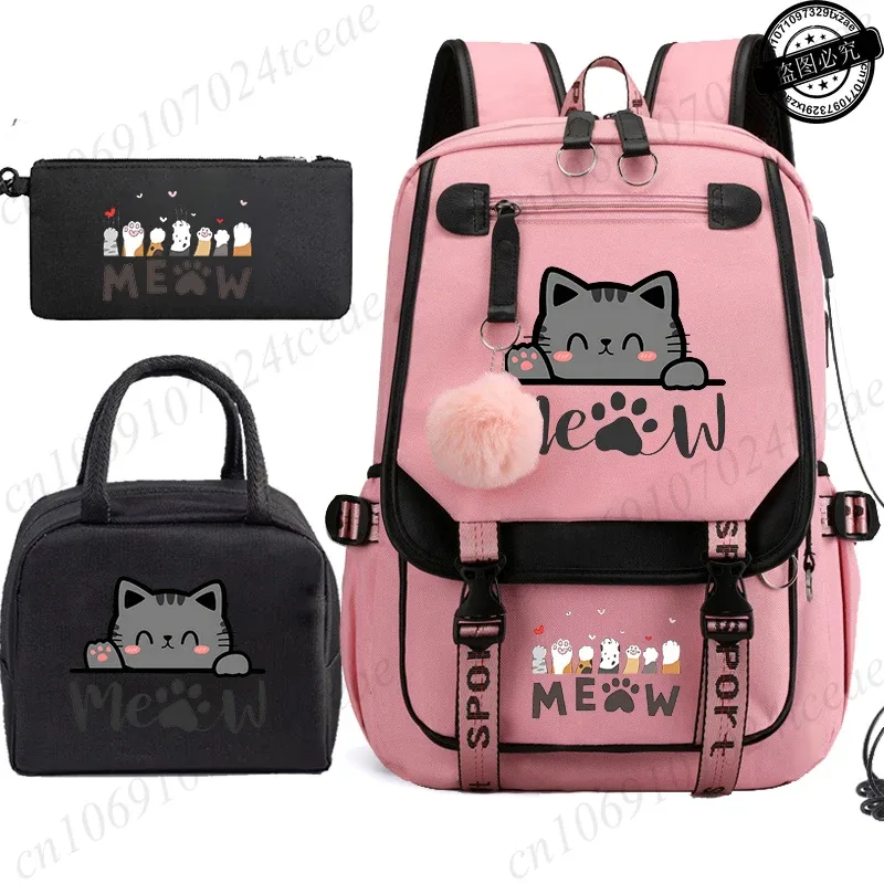 sac à dos scolaire pour adolescents, sac à dos quotidien pour étudiants, sac à dos pour filles, sac à dos scolaire à motif de chat noir, avec sac à lunch et trousse à crayons, 3 pièces/ensemble