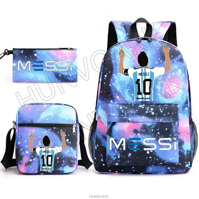 sac à dos super stars messi pour enfants, football, école, voyage, ordinateur portable, adolescents, étudiants, femmes, hommes, 3 pièces