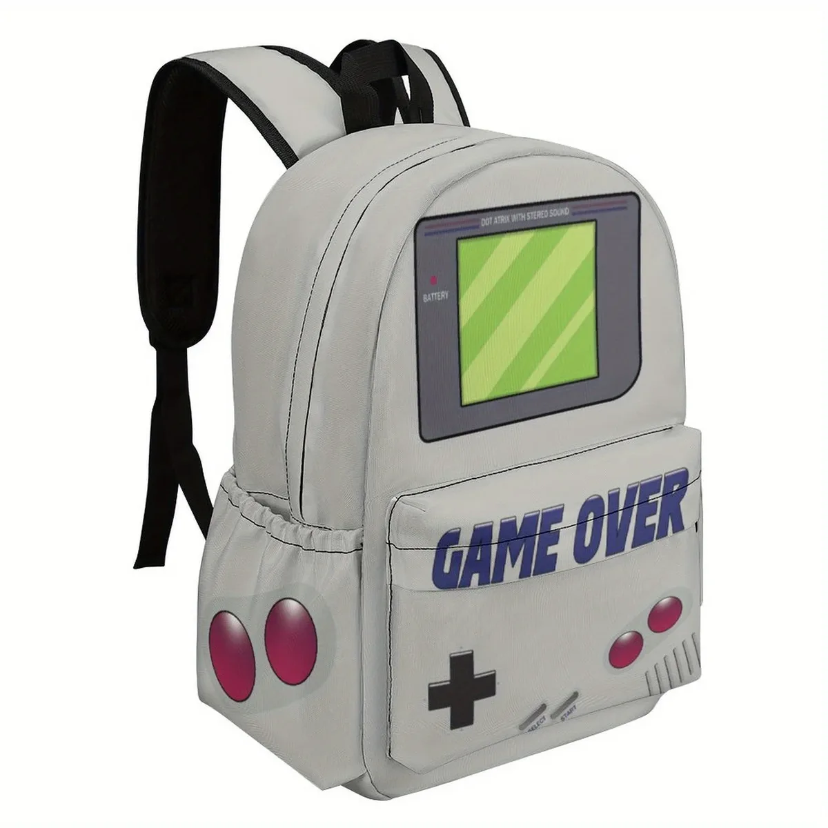 sac à dos gamer léger en tissu oxford avec motif « game over » et design rétro de manette de jeu