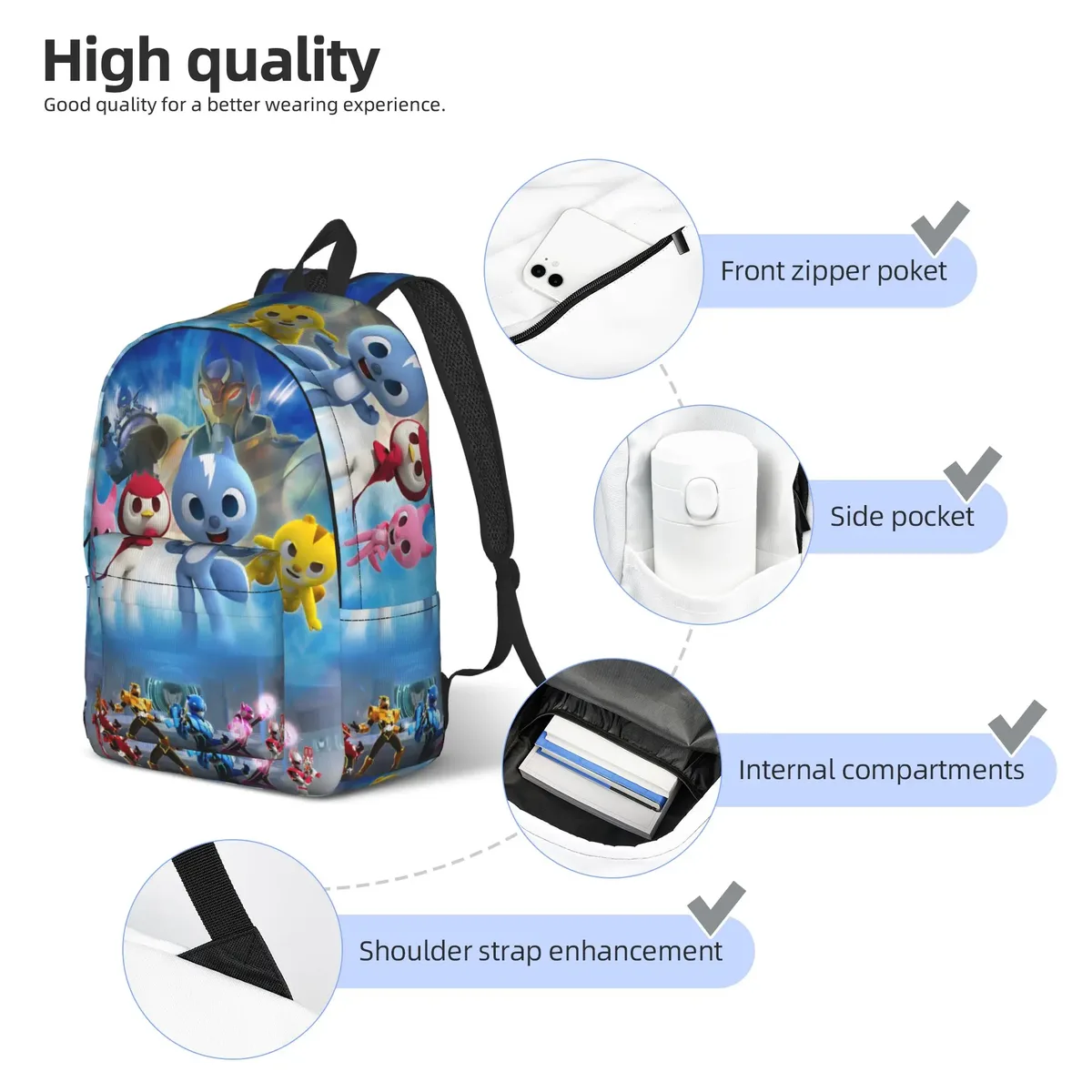 sac à dos de dessin animé mini force pour adolescents, sac à dos en toile durable, sac à dos de travail pour lycée, sacs pour ordinateur portable, hommes et femmes, volt sammy, lucy max